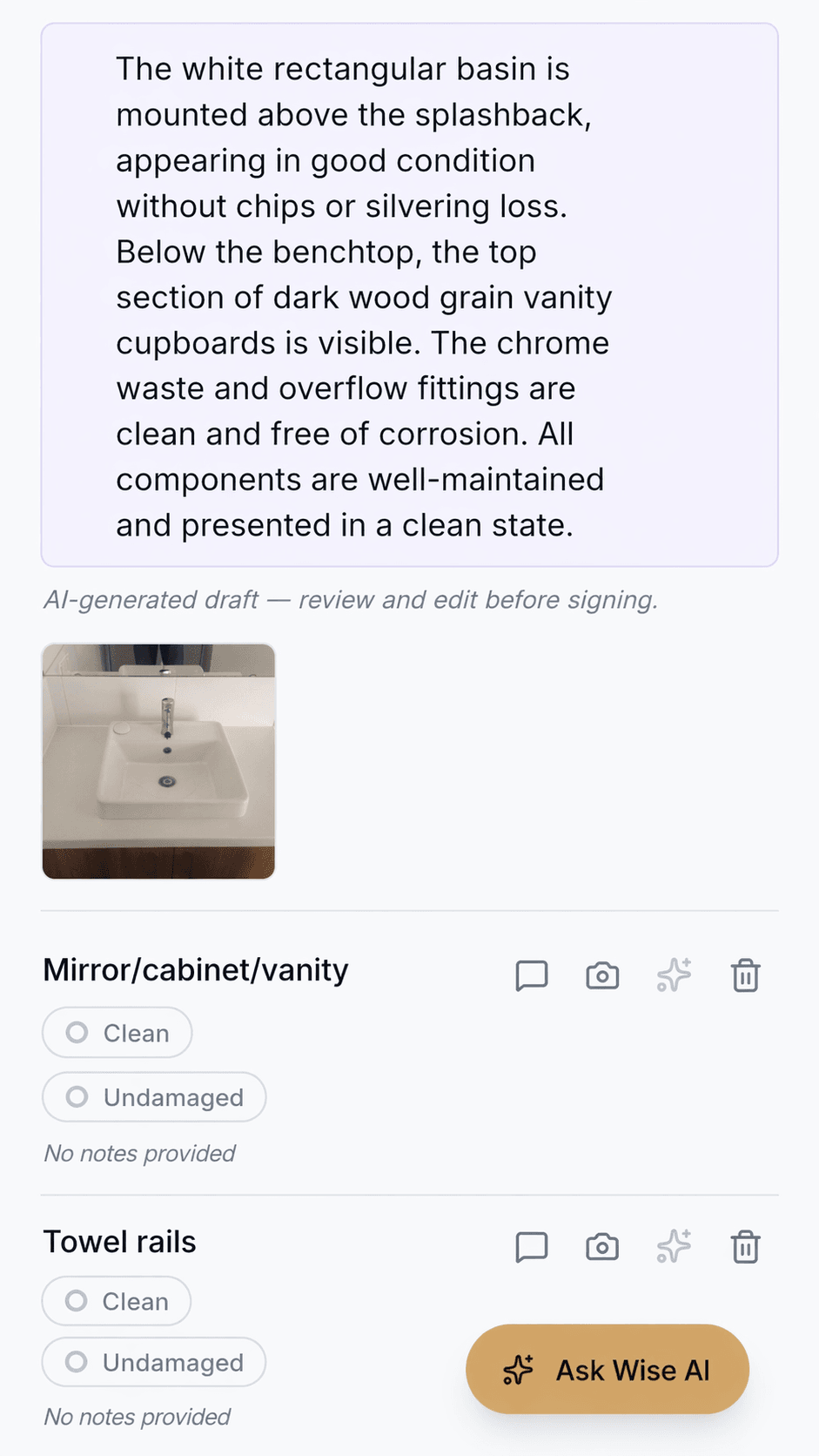 Landlord Wise mobile condition report workflow showing AI-assisted inspection notes on a phone