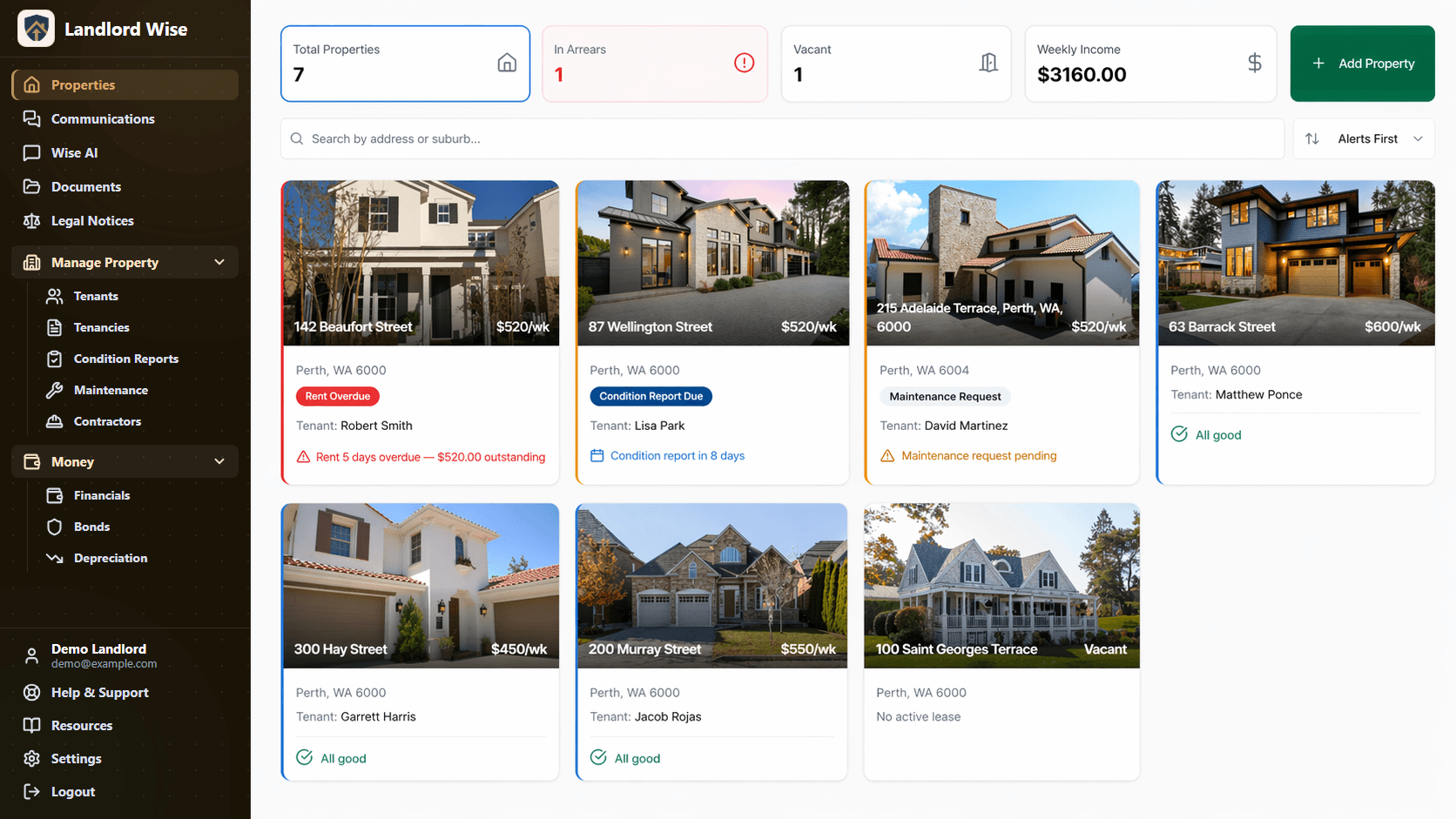 Landlord Wise property dashboard showing portfolio overview, alerts, rent tracking, and tenancy information